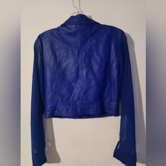 Cropped MOTO Style Jacket w Sheer Sleeves sz. M Blue‎ Faux Leather - Picture 15 of 15